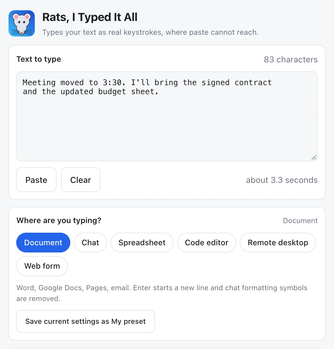 The app with a short note pasted in and the Document preset selected