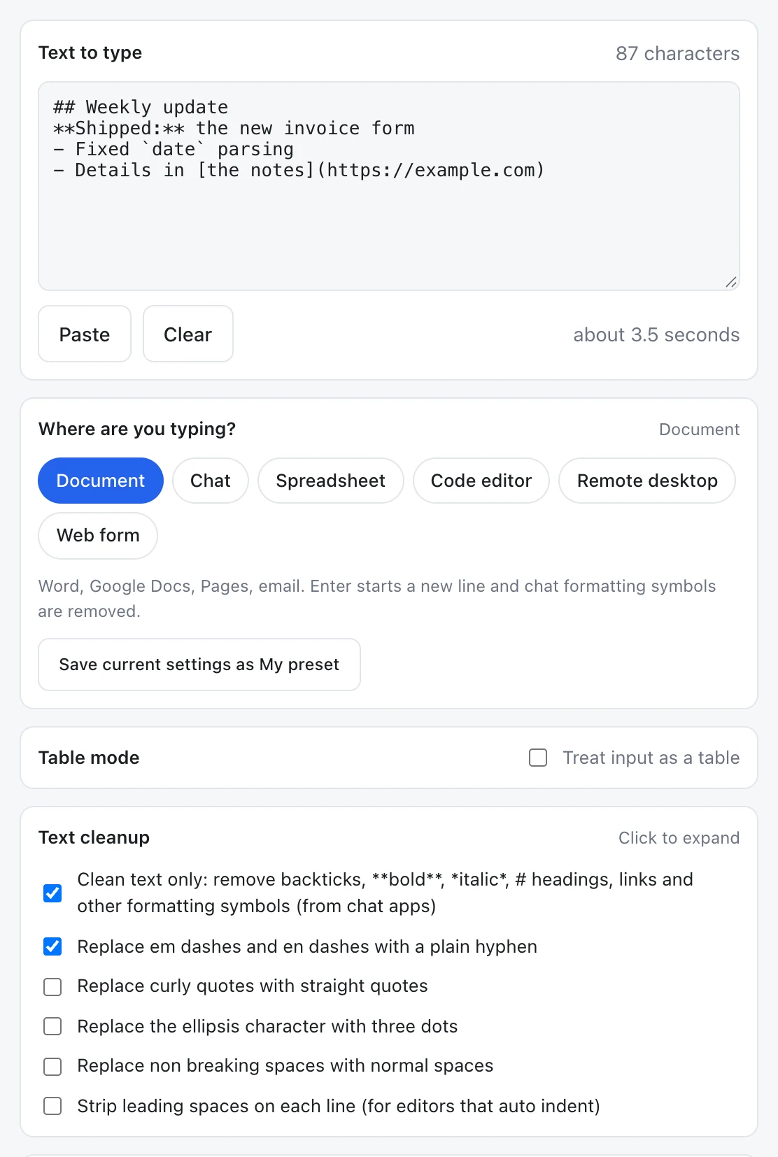Text cleanup options next to a pasted update full of chat formatting symbols