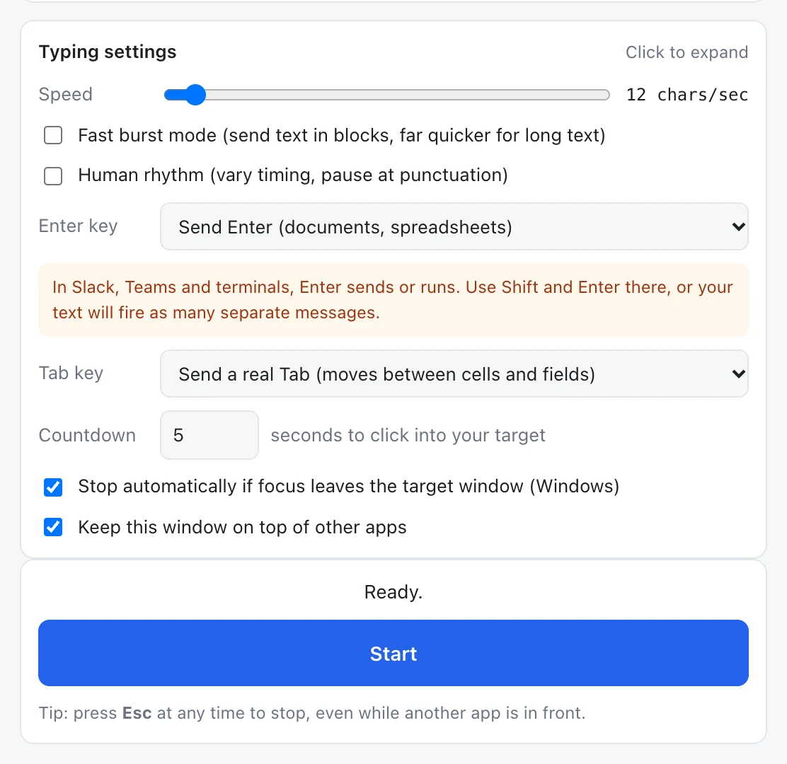 Typing settings with speed, Enter and Tab options, countdown and the Start button