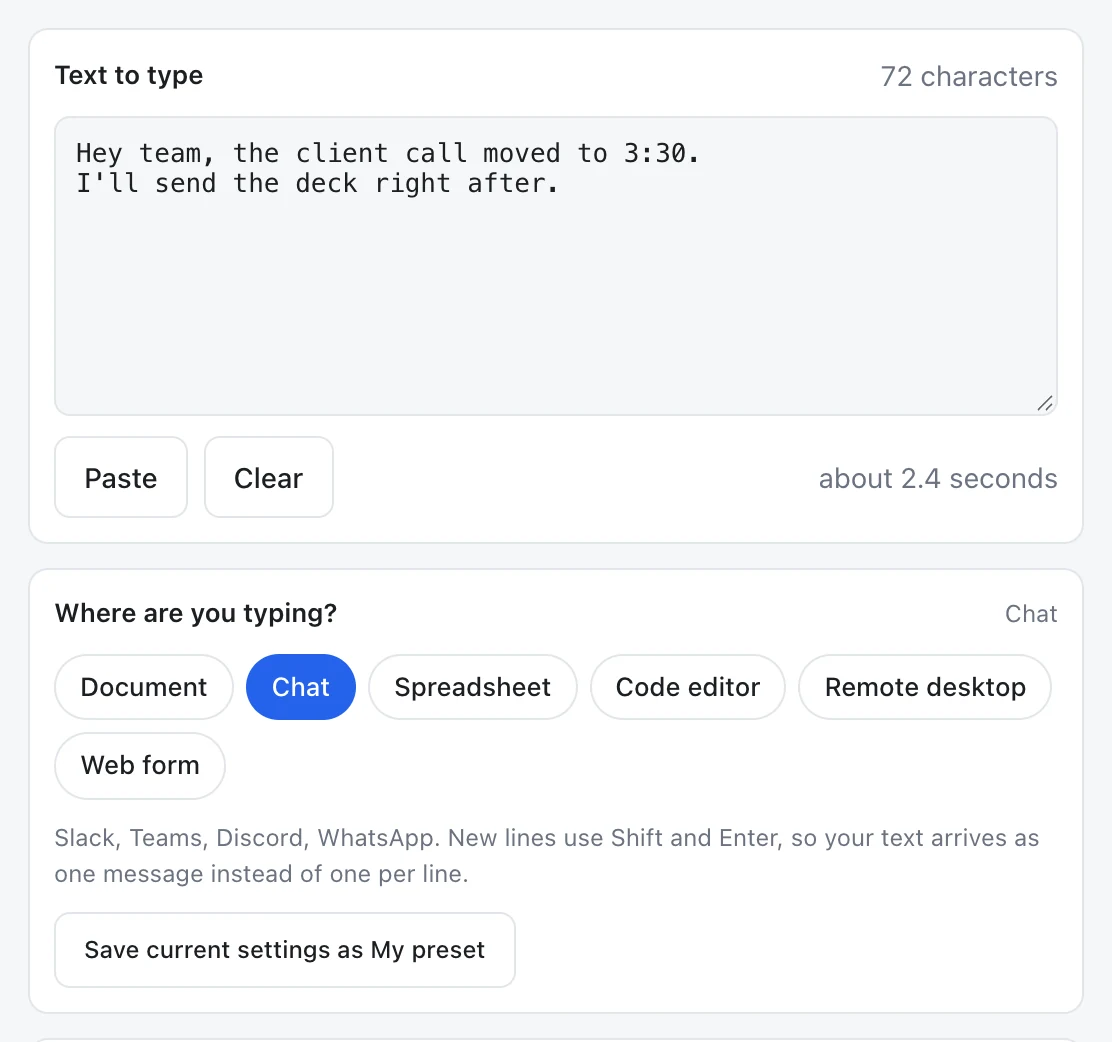 The Chat preset selected, explaining that new lines use Shift and Enter